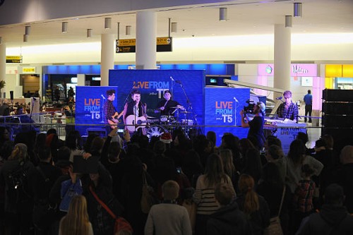 Musicians Charley Bagnall, Jake Roche, Lewi Morgan and Danny Wilkin of the band Rixton perform at JetBlue's Live From T5 Concert Series at JetBlue's...