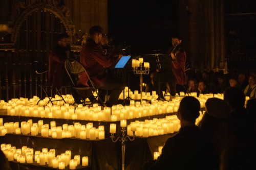 Musicians playing during the Candlelight concert 'The Four Seasons' by Vivaldi, at the Cathedral of Segovia, on 17 November, 2023 in Segovia,...