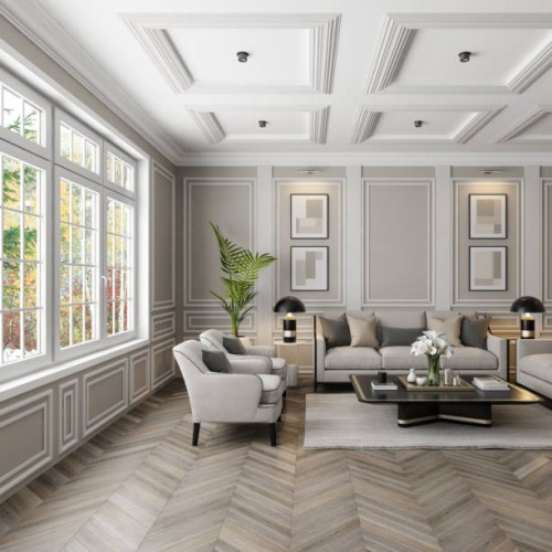 neo-classical parisian luxury living room with beige walls and hardwood floor - home decoration stock pictures, royalty-free photos & images