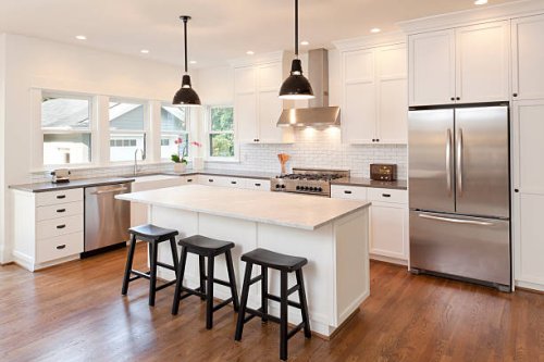 new kitchen in modern luxury home - home decoration stock pictures, royalty-free photos & images