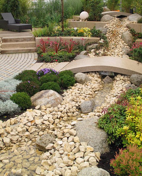 new landscaping with river and bridge - garden decoration stock pictures, royalty-free photos & images