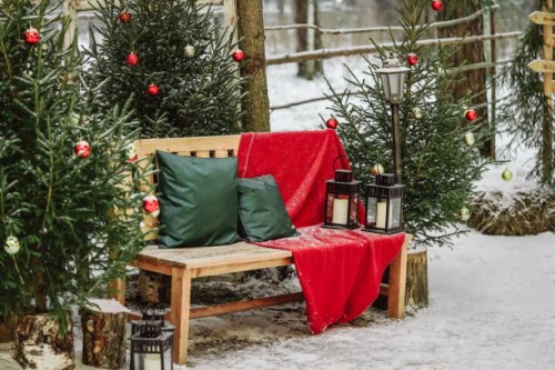 new year's photo zone with decorated christmas trees and bench. - home decoration stock pictures, royalty-free photos & images