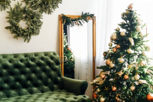 new year's room decor in d light coloured. new year. christmas. christmas decor. christmas tree. christmas background. christmas home interior decor. holiday. - home decoration stockfoto's en -beelden