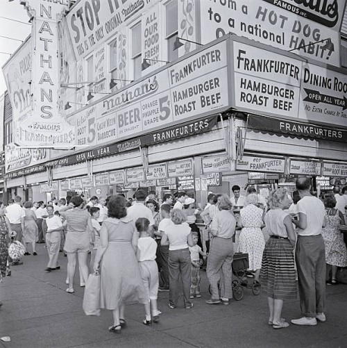 New York, NY: Exterior view of Nathan's Hot Dog Emporium at Coney Island. BPA 2