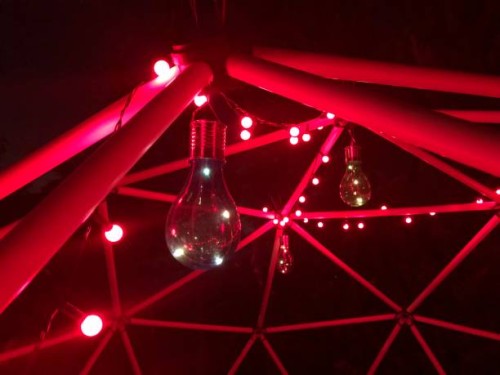 night cinematic geodesic dome with red neon light at garden - garden decoration stock pictures, royalty-free photos & images