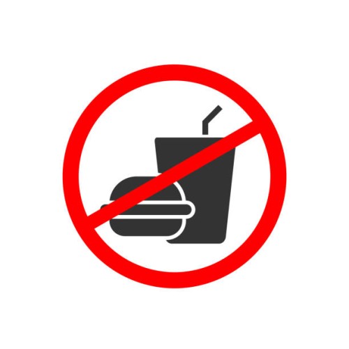 no food and drink forbidden sign, modern round sticker, vector illustration - food stock pictures, royalty-free photos & images