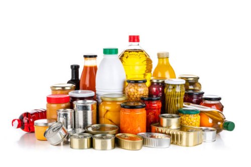 non-perishable food: canned goods, conserves, sauces and oils isolated on white background - food stock pictures, royalty-free photos & images
