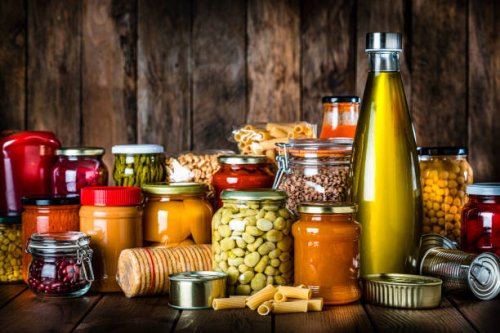 non perishable food on rustic wooden table. copy space - food stock pictures, royalty-free photos & images