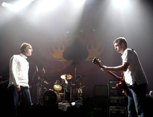 Oasis singer Liam Gallagher and his brother, guitarist Noel Gallagher, perform at The Joint inside the Hard Rock Hotel & Casino April 26, 2002 in Las...