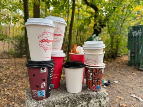 October 2024, Berlin: Various empty, used disposable paper cups on a stone by the side of the path in Grunewald forest Photo: Peter Kneffel/dpa