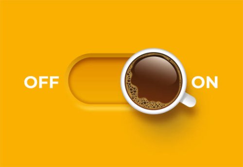 off, on switch with foam coffee in white coffee cup - coffee stock illustrations