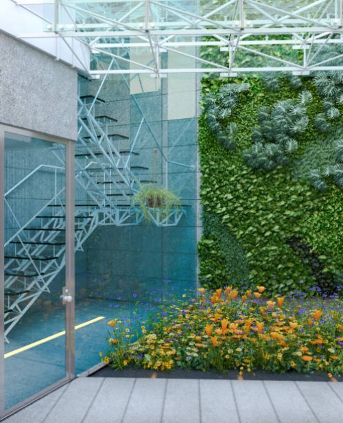 office with garden inside - garden decoration stockfoto's en -beelden