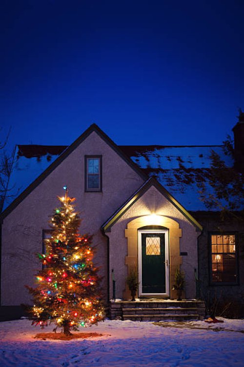 old-fashioned house with decorated christmas tree lights in snowy yard - garden decoration stock pictures, royalty-free photos & images