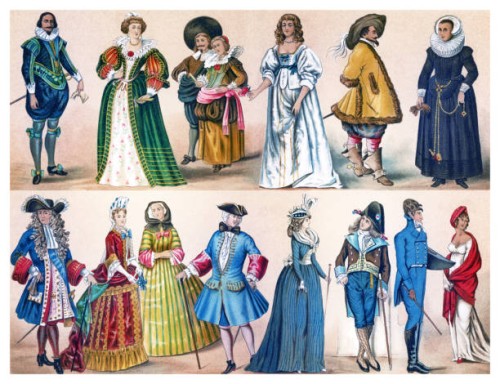 old chromolithograph of european costumes, 17th - 19th century - fashion stock pictures, royalty-free photos & images