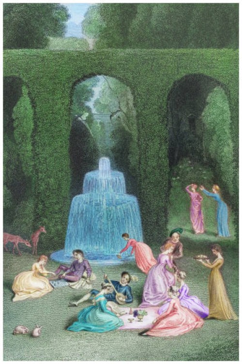 old engraved illustration of illustration for the book "decameron" by giovanni boccaccio "garden of boccaccio" - fashion stock pictures, royalty-free photos & images