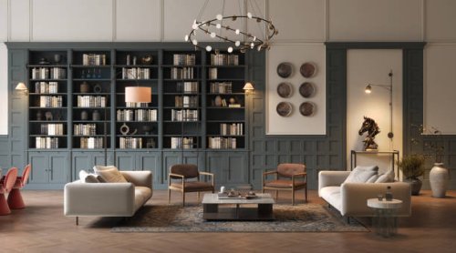 old style living room interior with a bookshelf in 3d - home decoration stock pictures, royalty-free photos & images