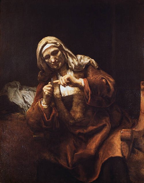 Old Woman Cutting Her Nails by School of Rembrandt, circa 1655.