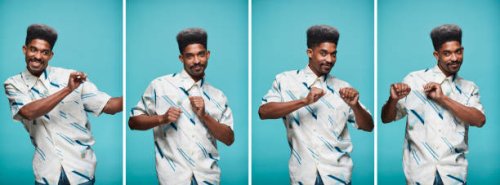 one disco dancer in a retro shirt in different positions. - hairstyle stock pictures, royalty-free photos & images
