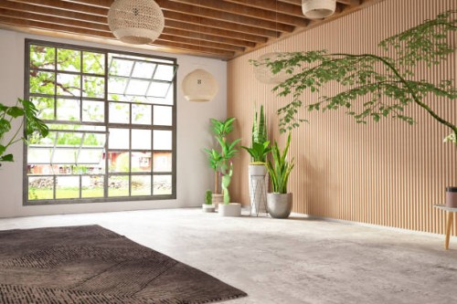ongemeubileerde gezellige slaapkamer met houten muur en raam - home decoration stockfoto's en -beelden