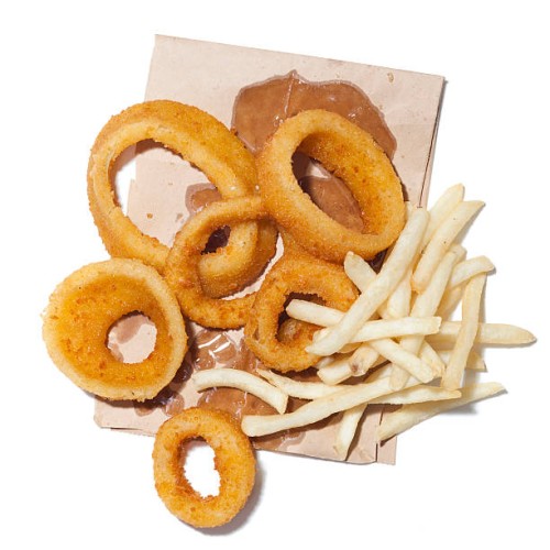 onion rings and french fries on paper bag, view from above, studio shot - junk food stock pictures, royalty-free photos & images