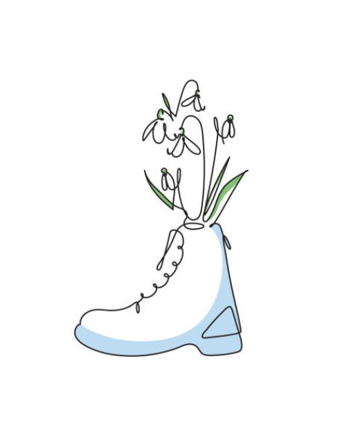 сontinuous line drawing of snowdrops in a boot. spring concert - garden decoration stock illustrations
