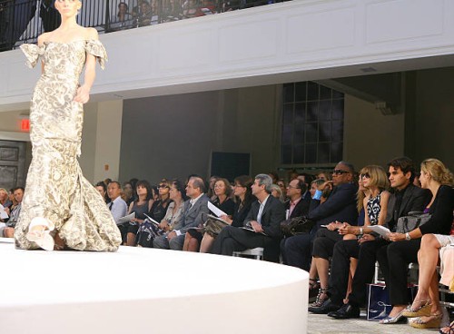 Open Tennis Player Champion Roger Federer and wife, Mirka Vavrinec front row at the Oscar De La Renta Spring 2008 Collection during Mercedes-Benz...