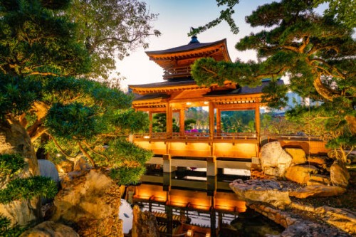 oriental pavilion and pond in nan lian garden, hong kong - garden decoration stock pictures, royalty-free photos & images