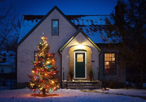 outdoor christmas tree decorated with lights in front of home - garden decoration stock pictures, royalty-free photos & images