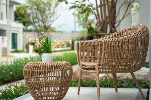 outdoor rattan furniture in garden setting - garden decoration stock pictures, royalty-free photos & images