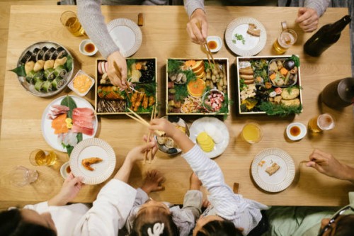 overhead shot of new year' day dinner table - food stock pictures, royalty-free photos & images