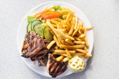 overhead view of grilled icelandic lamb with fries,a delicacy in iceland,iceland - junk food stock pictures, royalty-free photos & images