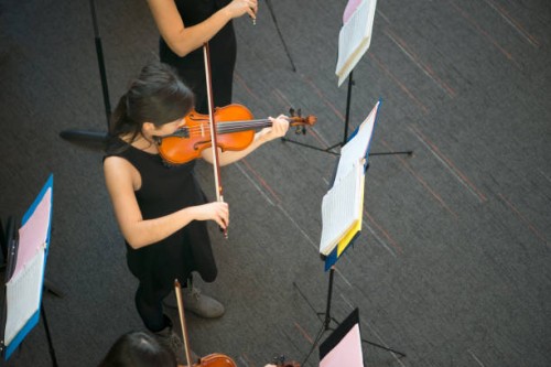 overhead view of violinists performing at concert, british columbia, canada - concert stock pictures, royalty-free photos & images