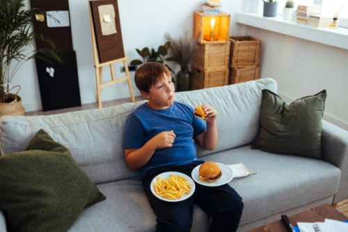 overweight teenage boy eating junk food hamburger - junk food stock pictures, royalty-free photos & images