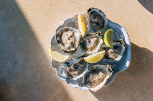 oysters with lime on ice on a plate, directly above view - food stock pictures, royalty-free photos & images