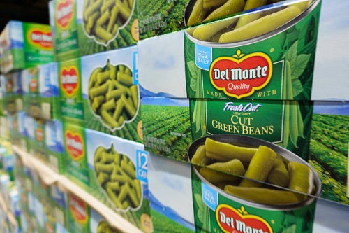 Packages of Del Monte canned green beans are stacked at a Costco Wholesale store on April 4, 2025 in San Diego, California.