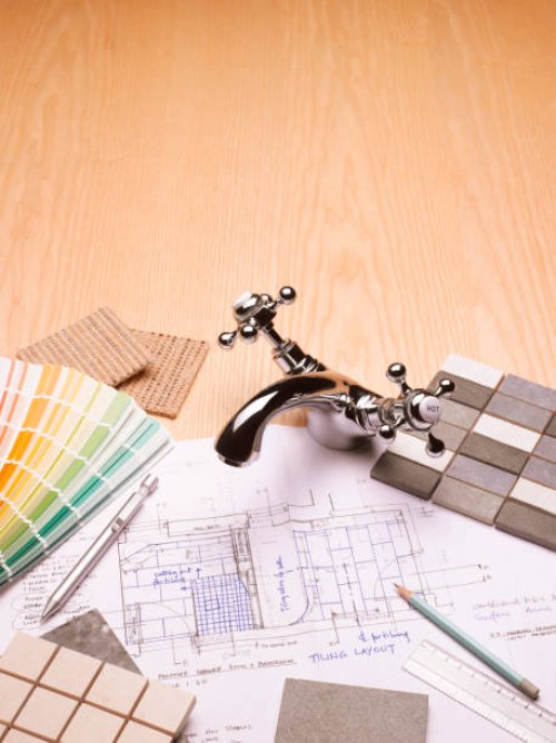 paint and tile samples, faucet, and blueprints for bathroom - home decoration stock pictures, royalty-free photos & images