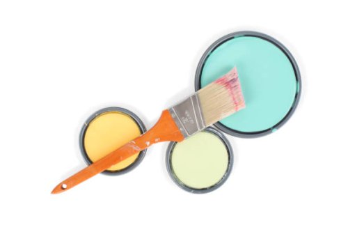 paint can lids and brush with clipping path - home decoration stock pictures, royalty-free photos & images