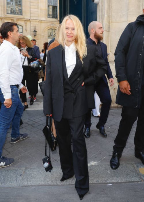 Pamela Anderson is seen attending The Row runway show during Paris Fashion Week on September 27, 2023 in Paris, France.