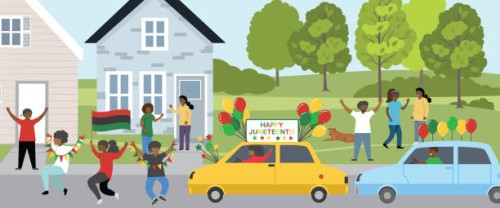 parade with people celebrating juneteenth - garden decoration stock illustrations