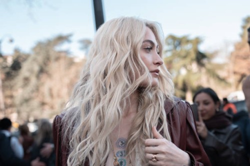 Paris Jackson wears white lace bralette, gold Chloe necklace,outside Chloe, during the Paris Fashion week Women's Fall/Winter 2025-2026 on March 6,...