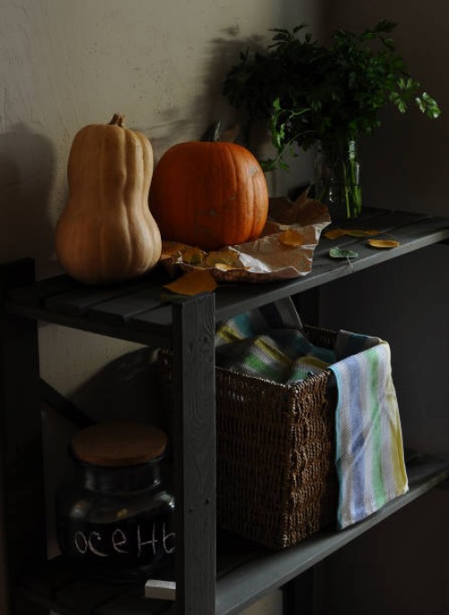 part of home interior in rustic style with wooden shelving side view with still life with large orange pumpkins, garden herbs and autumn leaves on a light texture wall background close up - garden decoration stock-fotos und b