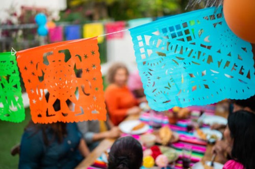 party decoration flag during family celebration - garden decoration stock pictures, royalty-free photos & images