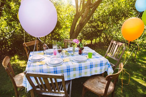 party table in garden with plates and glasses - garden decoration stock pictures, royalty-free photos & images