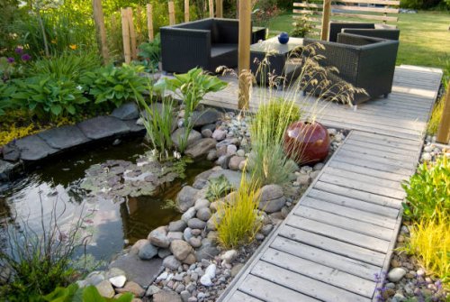 patio and pond in the afternoon sun - garden decoration stock pictures, royalty-free photos & images