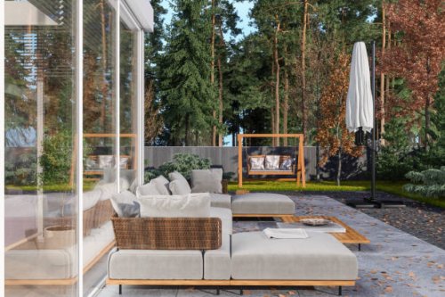 patio with corner sofa, coffee table and garden view - garden decoration stock pictures, royalty-free photos & images