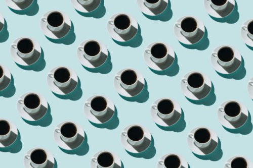 pattern of coffee cups on blue background - coffee stock pictures, royalty-free photos & images