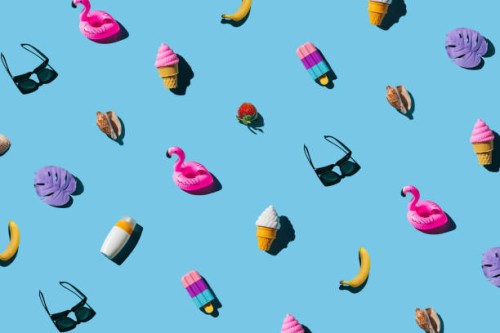 pattern of various summer objects on a blue background. minimal summer holidays concept. - food stock pictures, royalty-free photos & images