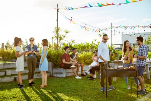 people enjoying asado party at backyard - garden decoration stock pictures, royalty-free photos & images