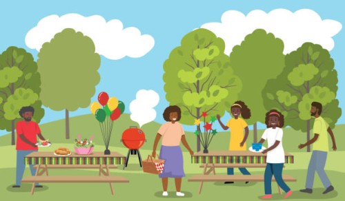 people having a family reunion to celebrate juneteenth in the park - garden decoration stock illustrations