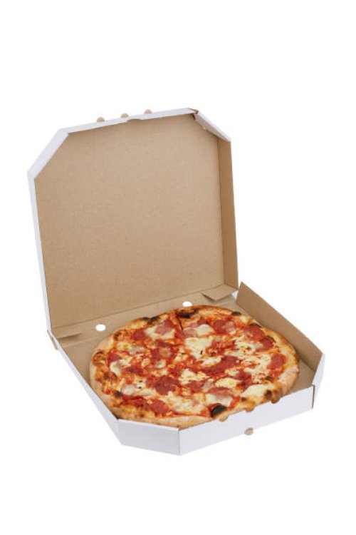 pepperoni pizza in a box on a white background - junk food stock pictures, royalty-free photos & images